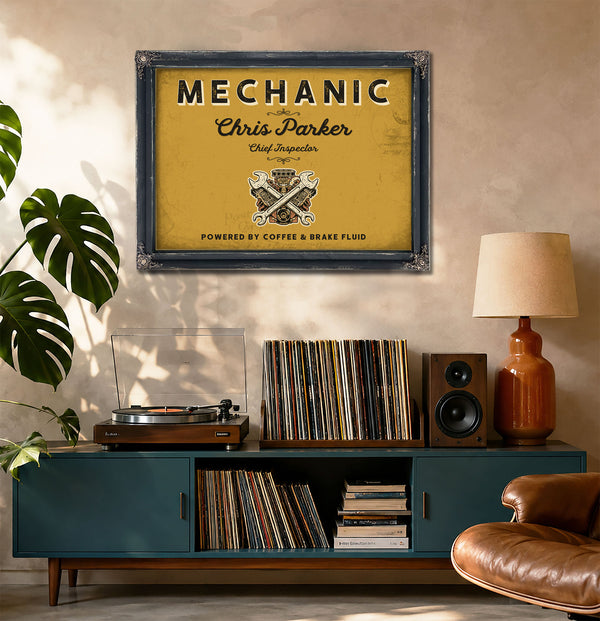 Personalized Mechanic Sign, Powered by Coffee & Brake Fluid, Mustard & Black, image 20