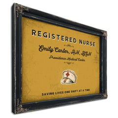Personalized Registered Nurse Sign, Saving Lives One Shift at a Time, Mustard & Black, image 1