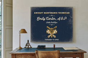 Personalized Aircraft Maintenance Technician Sign, Torqued to Spec, Navy & Brass, image 2