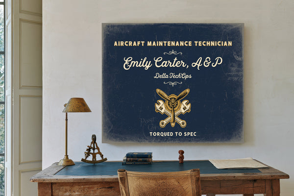 Personalized Aircraft Maintenance Technician Sign, Torqued to Spec, Navy & Brass, image 2
