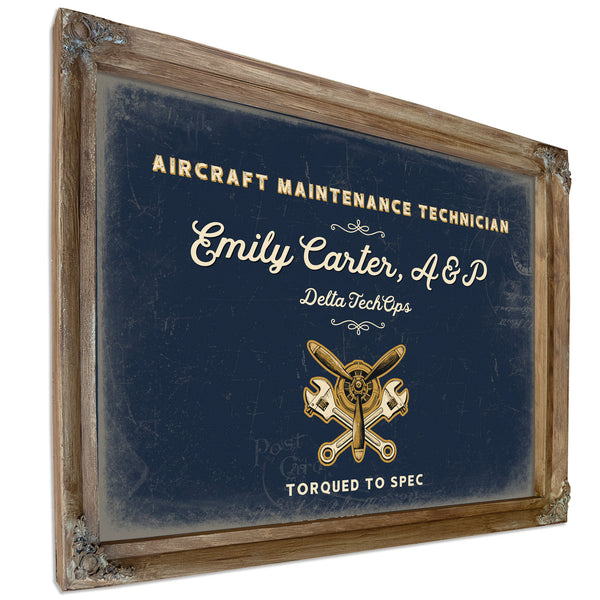 Personalized Aircraft Maintenance Technician Sign, Torqued to Spec, Navy & Brass, image 6