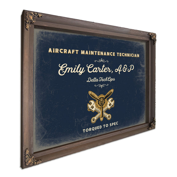Personalized Aircraft Maintenance Technician Sign, Torqued to Spec, Navy & Brass, image 7