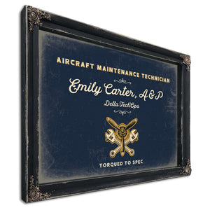 Personalized Aircraft Maintenance Technician Sign, Torqued to Spec, Navy & Brass, image 1