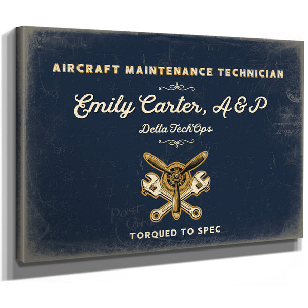 Personalized Aircraft Maintenance Technician Sign, Torqued to Spec, Navy & Brass, image 8
