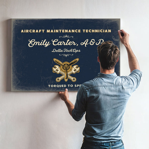Personalized Aircraft Maintenance Technician Sign, Torqued to Spec, Navy & Brass, image 9