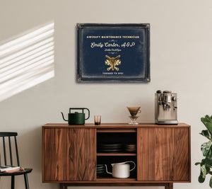 Personalized Aircraft Maintenance Technician Sign, Torqued to Spec, Navy & Brass, image 15