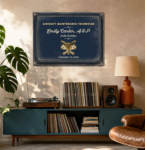 Personalized Aircraft Maintenance Technician Sign, Torqued to Spec, Navy & Brass, image 20