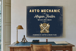 Personalized Auto Mechanic Sign, Powered by Coffee & Brake Fluid, Navy & Brass, image 2