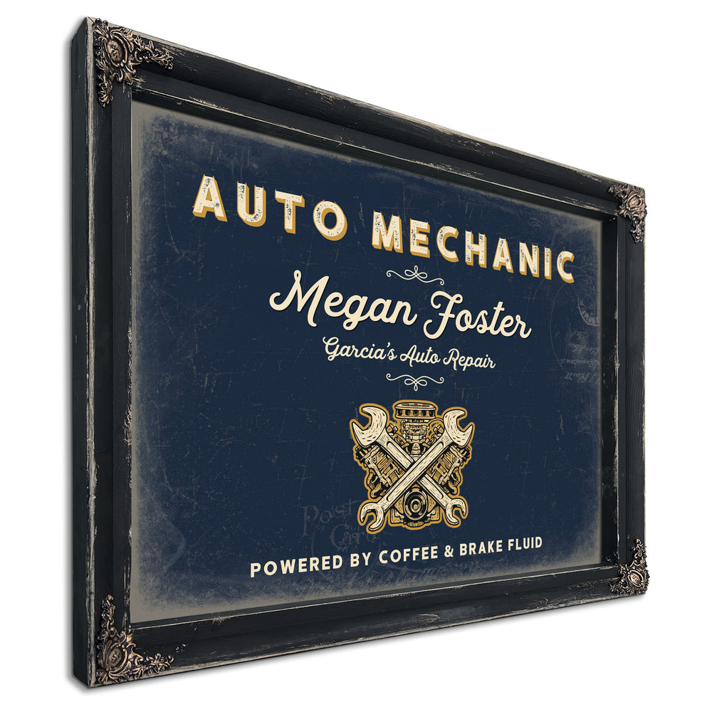 Personalized Auto Mechanic Sign, Powered by Coffee & Brake Fluid, Navy & Brass, image 1