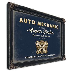 Personalized Auto Mechanic Sign, Powered by Coffee & Brake Fluid, Navy & Brass, image 1