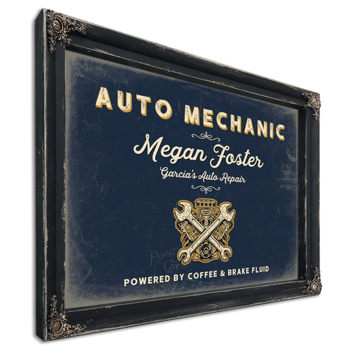 Personalized Auto Mechanic Sign, Powered by Coffee & Brake Fluid, Navy & Brass, image 1