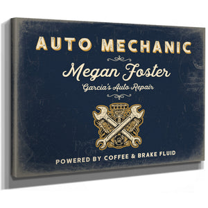 Personalized Auto Mechanic Sign, Powered by Coffee & Brake Fluid, Navy & Brass, image 8