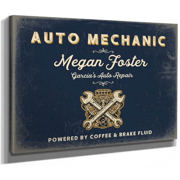 Personalized Auto Mechanic Sign, Powered by Coffee & Brake Fluid, Navy & Brass, image 8