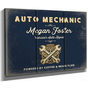 Personalized Auto Mechanic Sign, Powered by Coffee & Brake Fluid, Navy & Brass, image 14
