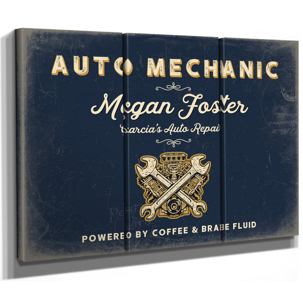 Personalized Auto Mechanic Sign, Powered by Coffee & Brake Fluid, Navy & Brass, image 14