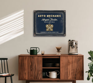 Personalized Auto Mechanic Sign, Powered by Coffee & Brake Fluid, Navy & Brass, image 15