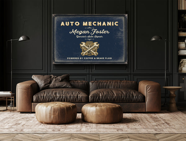 Personalized Auto Mechanic Sign, Powered by Coffee & Brake Fluid, Navy & Brass, image 17