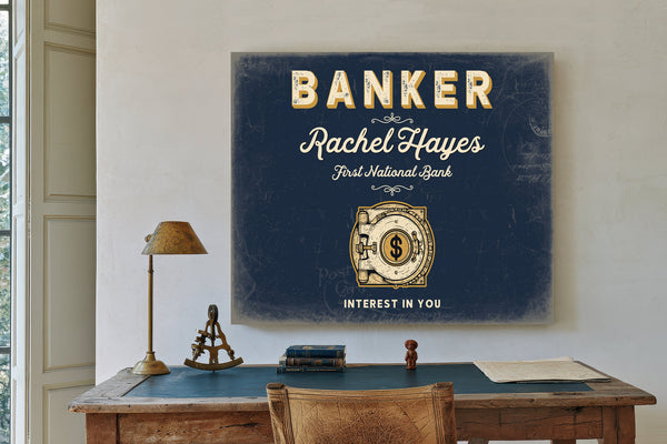 Personalized Banker Sign, Interest in You, Navy & Brass, image 2