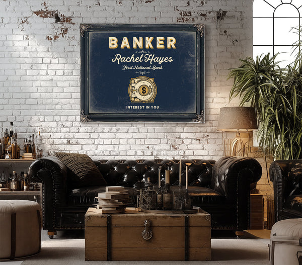Personalized Banker Sign, Interest in You, Navy & Brass, image 18