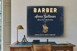 Personalized Barber Sign, Fresh Cuts & Good Company, Navy & Brass, image 2