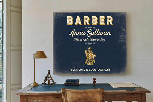 Personalized Barber Sign, Fresh Cuts & Good Company, Navy & Brass, image 2