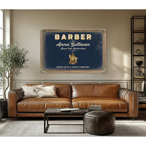 Personalized Barber Sign, Fresh Cuts & Good Company, Navy & Brass, image 3