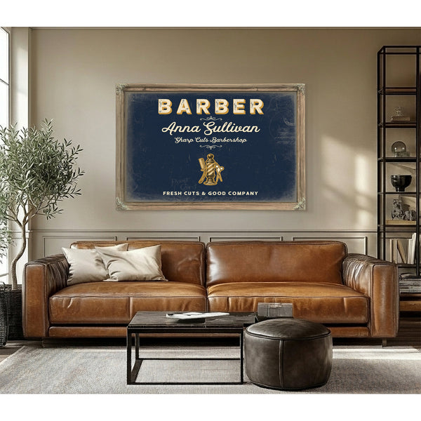 Personalized Barber Sign, Fresh Cuts & Good Company, Navy & Brass, image 3