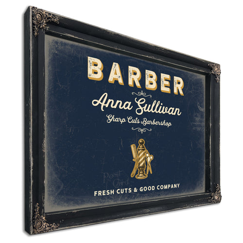 Personalized Barber Sign, Fresh Cuts & Good Company, Navy & Brass, image 1
