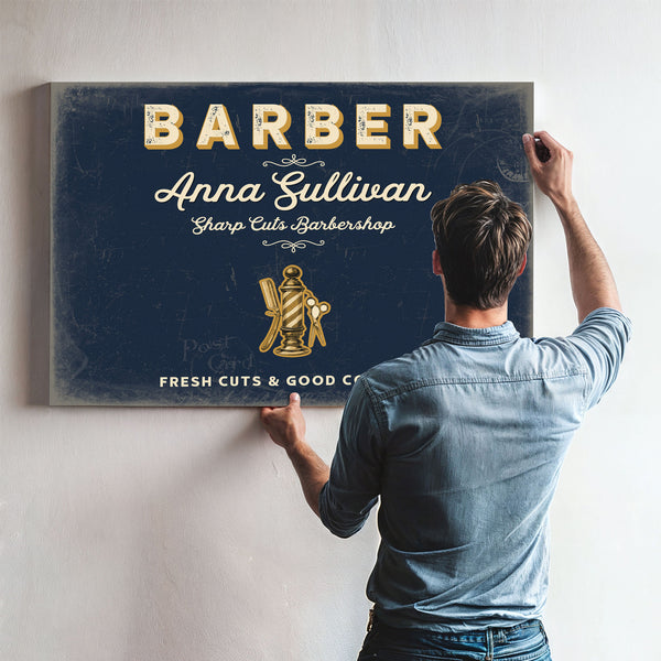 Personalized Barber Sign, Fresh Cuts & Good Company, Navy & Brass, image 9