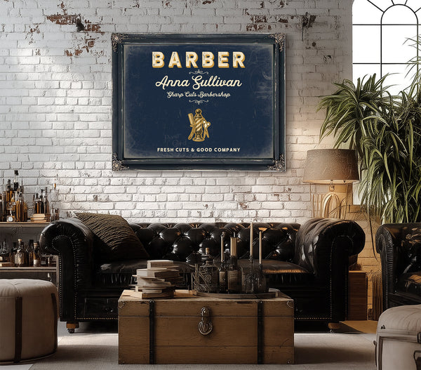 Personalized Barber Sign, Fresh Cuts & Good Company, Navy & Brass, image 18