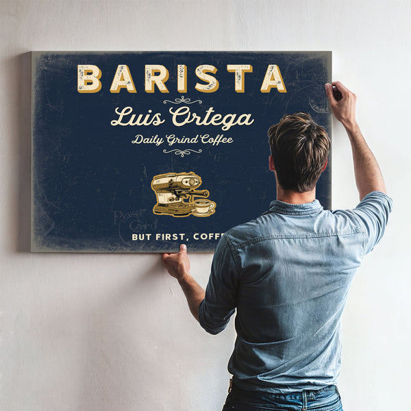 Personalized Barista Sign, But First, Coffee, Navy & Brass, image 9