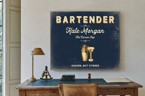 Personalized Bartender Sign, Shaken, Not Stirred, Navy & Brass, image 2