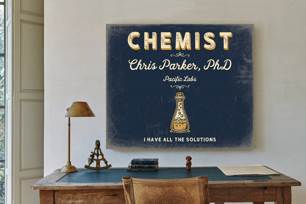 Personalized Chemist Sign, I Have All the Solutions, Navy & Brass, image 2