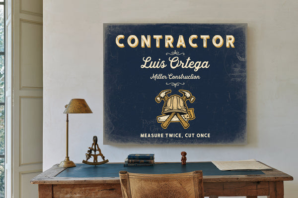 Personalized Contractor Sign, Measure Twice, Cut Once, Navy & Brass, image 2