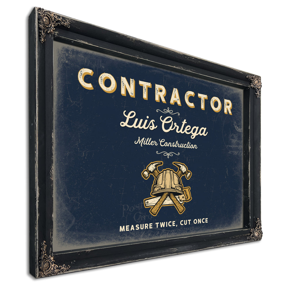Personalized Contractor Sign, Measure Twice, Cut Once, Navy & Brass, image 1
