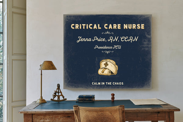 Personalized Critical Care Nurse Sign, Calm in the Chaos, Navy & Brass, image 2