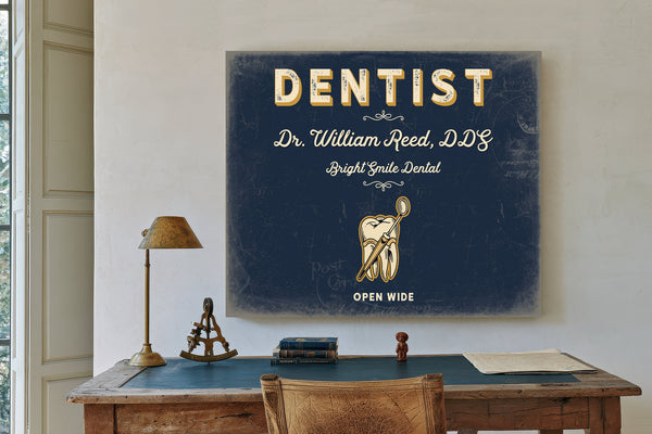 Personalized Dentist Sign, Open Wide, Navy & Brass, image 2