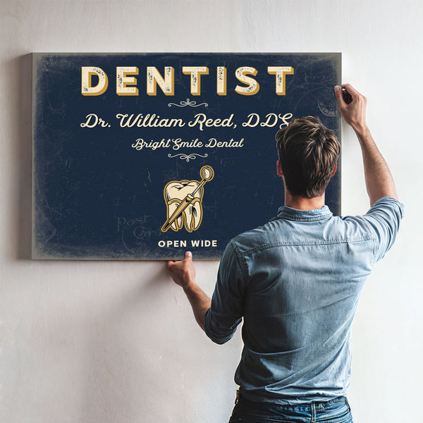 Personalized Dentist Sign, Open Wide, Navy & Brass, image 9