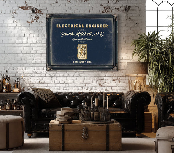 Personalized Electrical Engineer Sign, Ohm Sweet Ohm, Navy & Brass, image 18