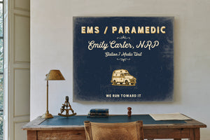 Personalized Paramedic Sign, We Run Toward It, Navy & Brass, image 2
