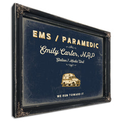 Personalized Paramedic Sign, We Run Toward It, Navy & Brass, image 1