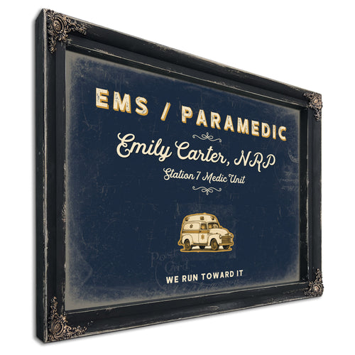 Personalized Paramedic Sign, We Run Toward It, Navy & Brass, image 1