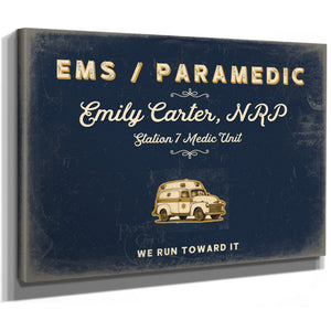 Personalized Paramedic Sign, We Run Toward It, Navy & Brass, image 8