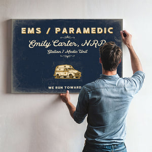 Personalized Paramedic Sign, We Run Toward It, Navy & Brass, image 9