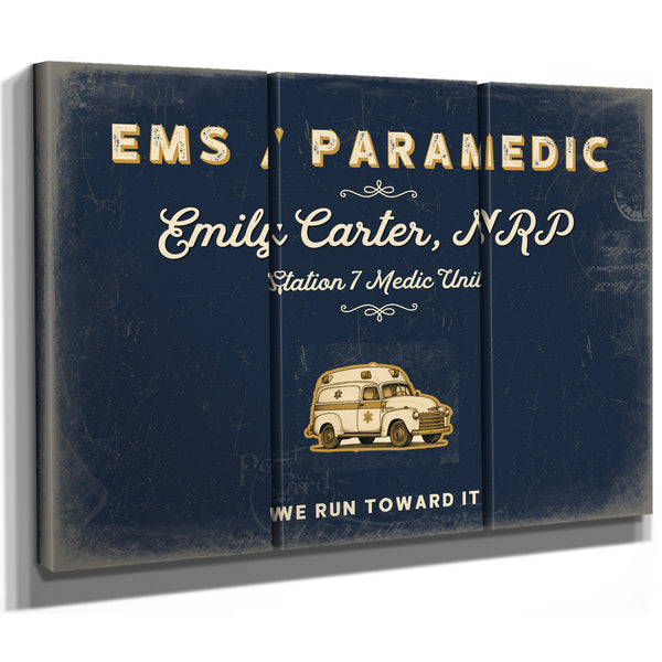 Personalized Paramedic Sign, We Run Toward It, Navy & Brass, image 14