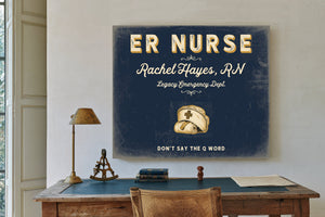 Personalized ER Nurse Sign, Don't Say the Q Word, Navy & Brass, image 2