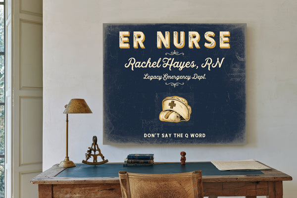 Personalized ER Nurse Sign, Don't Say the Q Word, Navy & Brass, image 2