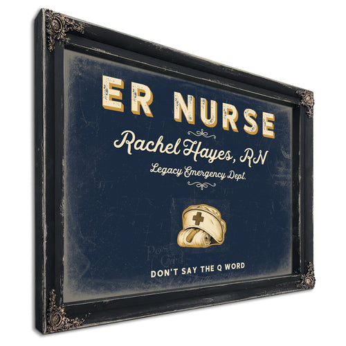 Personalized ER Nurse Sign, Don't Say the Q Word, Navy & Brass, image 1