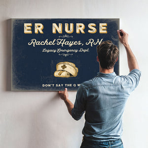 Personalized ER Nurse Sign, Don't Say the Q Word, Navy & Brass, image 9