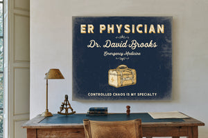 Personalized ER Physician Sign, Controlled Chaos Is My Specialty, Navy & Brass, image 2